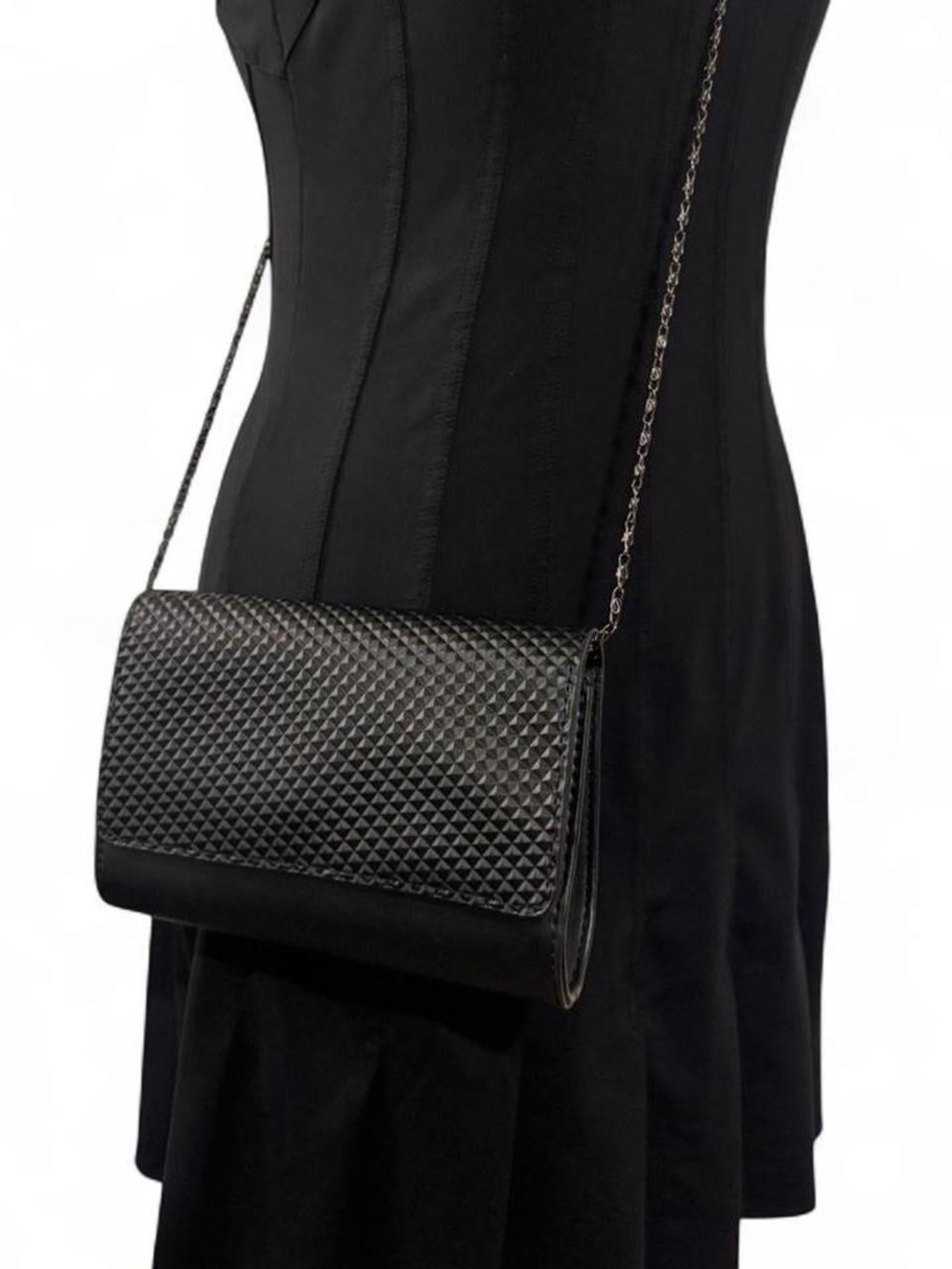 Neiman Marcus Black Textured Chain Crossbody Clutch